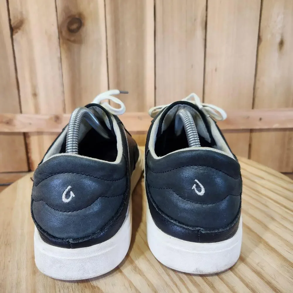 OluKai Ha'upu Shoes Womens 11 Black Leather Walking Comfort Sneakers 20493-4040